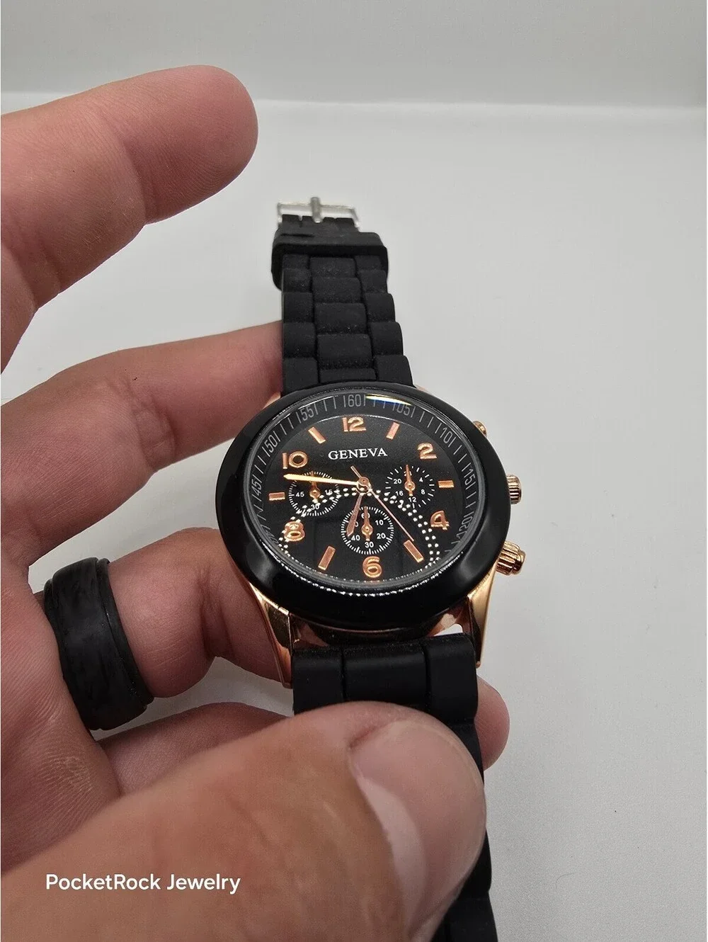 Geneva Quartz Analog Multi-Dial Watch Black Dial Gold Tone Case Black Silicone